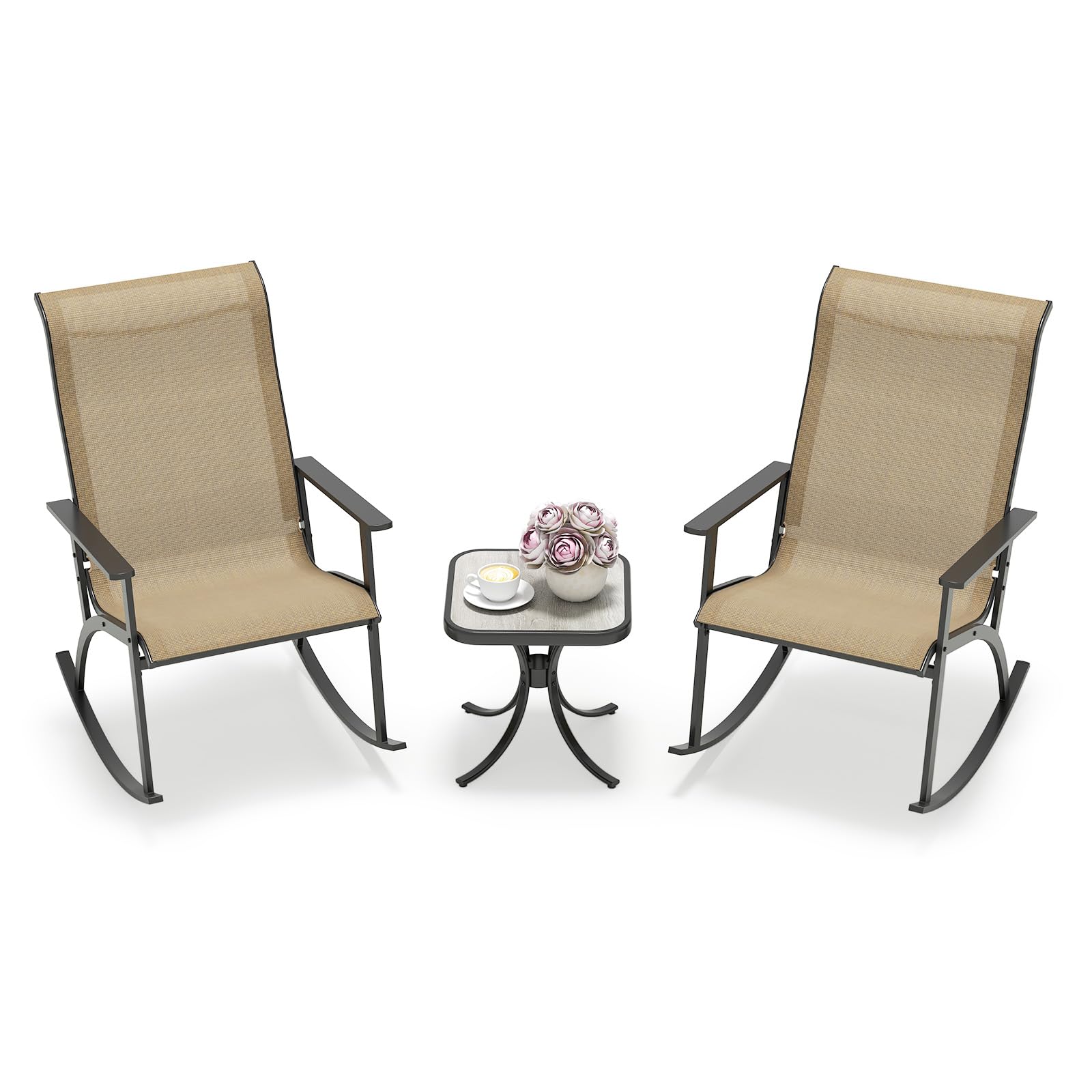 Tangkula 3 Piece Patio Rocker Set w/High Backrest & Wood-Plastic Tabletop